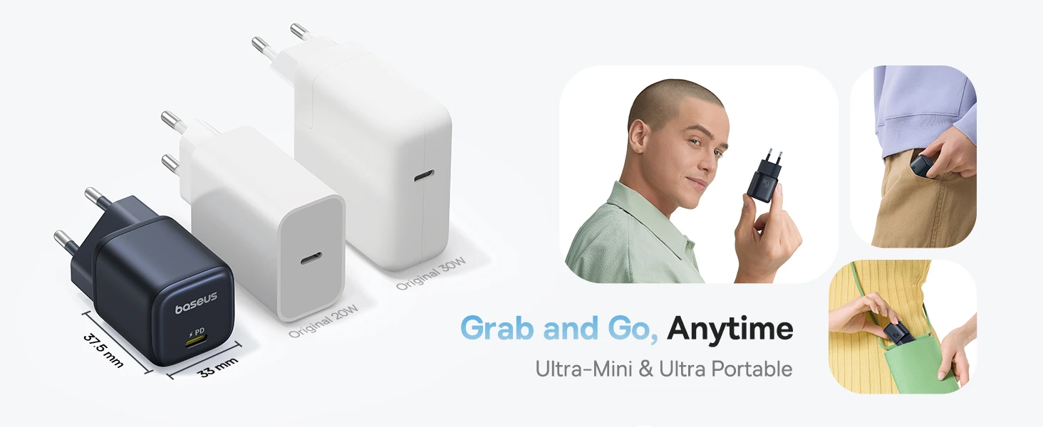 Baseus Sieninis įkroviklis PicoGo GaN 45W USB-C QC PD, juodas aprašymas - Prekės nuotrauka
