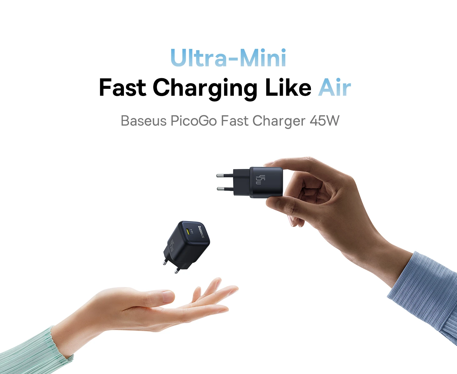 Baseus Sieninis įkroviklis PicoGo GaN 45W USB-C QC PD, juodas aprašymas - Prekės nuotrauka