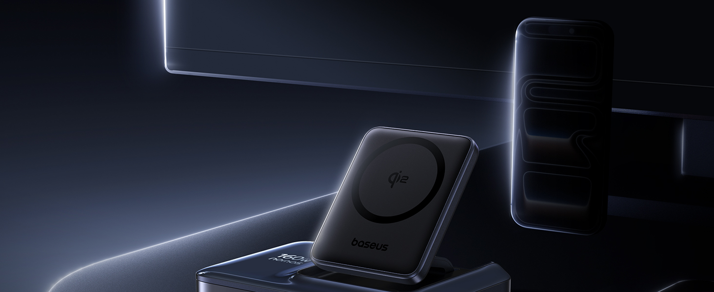 „Baseus Nomos NH21 Qi2 160W 5in1“ belaidis ausinės su ištraukiamu laidu - juoda aprašymas - Prekės nuotrauka
