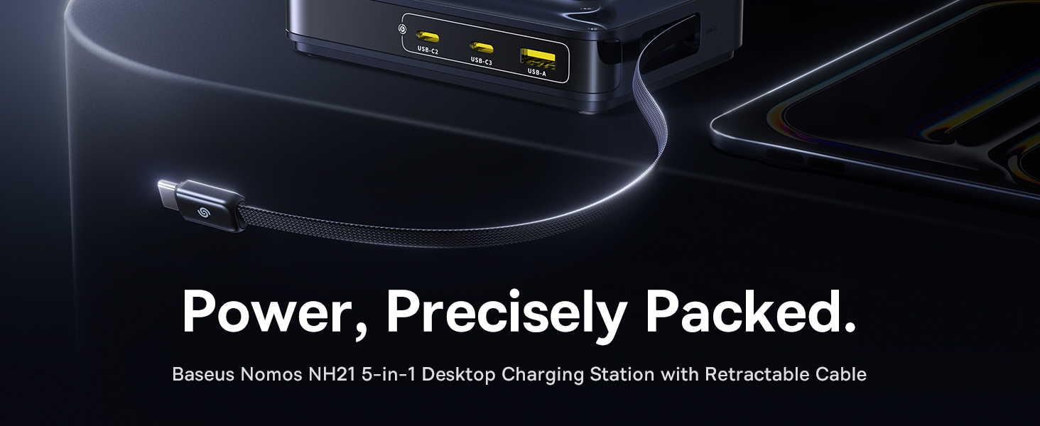 „Baseus Nomos NH21 Qi2 160W 5in1“ belaidis ausinės su ištraukiamu laidu - juoda aprašymas - Prekės nuotrauka