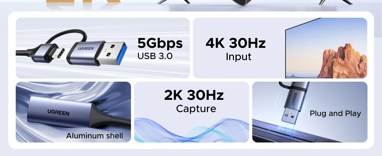 Ugreen Vaizdo įrašymo adapteris 2K@30Hz HDMI -> USB-A/USB-C aprašymas - Prekės nuotrauka