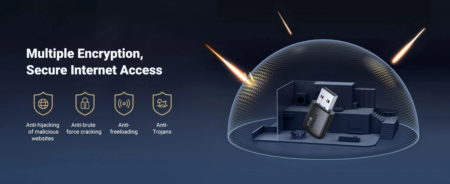 Ugreen Wi-Fi USB-A adapteris 2.4GHz 287Mbit/s + 5GHz 600Mbit/s, juodas aprašymas - Prekės nuotrauka