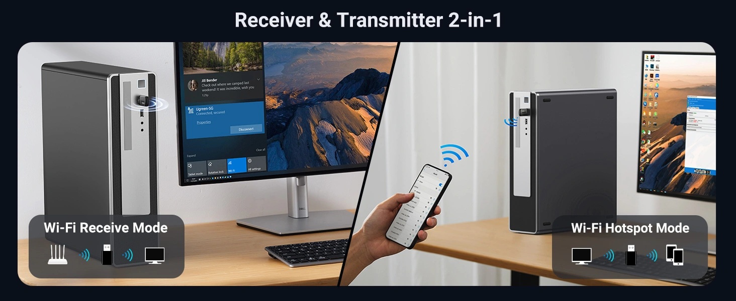 Ugreen Wi-Fi USB-A adapteris 2.4GHz 287Mb/s + 5GHz 600Mb/s, juodas aprašymas - Prekės nuotrauka