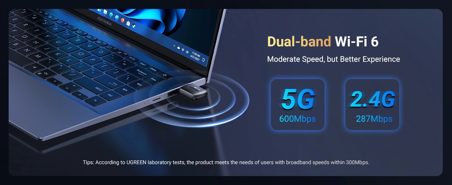 Ugreen Wi-Fi USB-A adapteris 2.4GHz 287Mb/s + 5GHz 600Mb/s, juodas aprašymas - Prekės nuotrauka