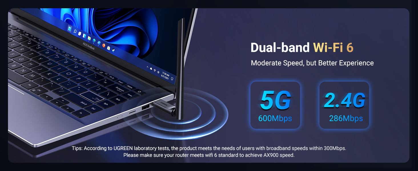 Ugreen Wi-Fi USB-A adapteris 2.4GHz 287Mb/s + 5GHz 600Mb/s su išorine antena 6dBi, juodas aprašymas - Prekės nuotrauka