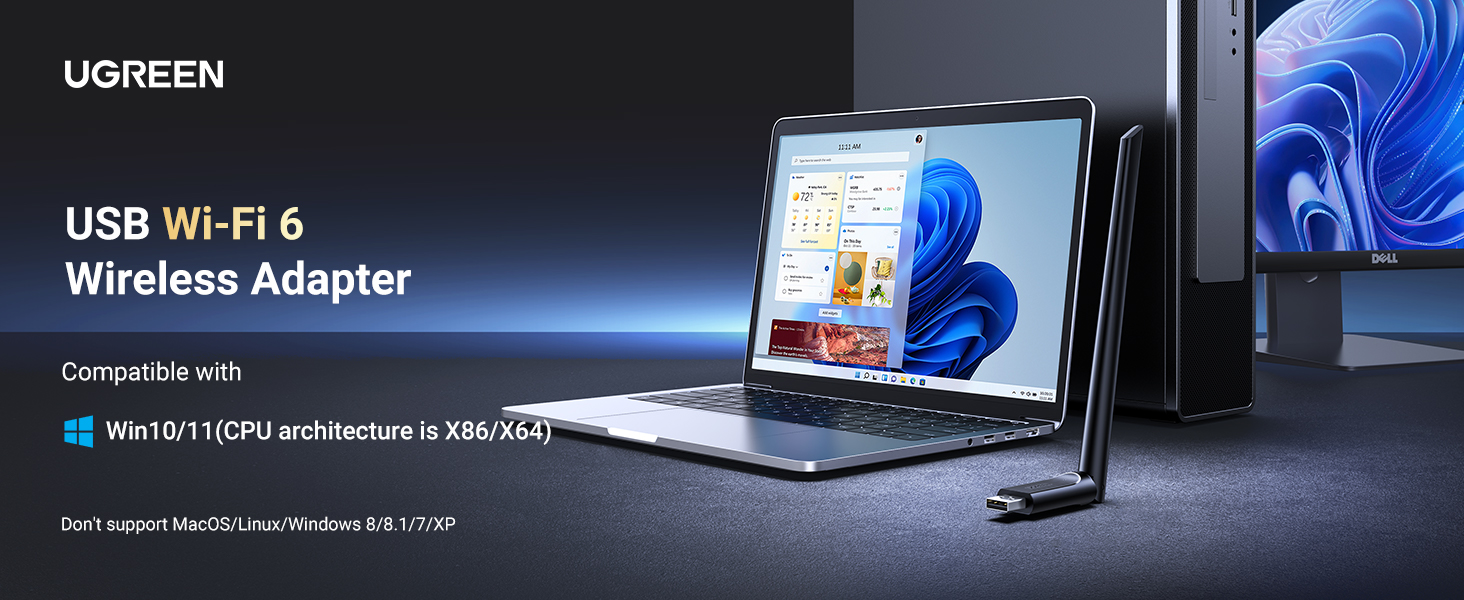 Ugreen Wi-Fi USB-A adapteris 2.4GHz 287Mb/s + 5GHz 600Mb/s su išorine antena 6dBi, juodas aprašymas - Prekės nuotrauka