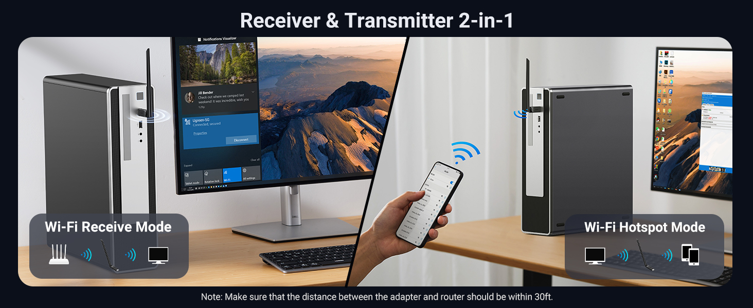 Ugreen Wi-Fi USB-A adapteris 2.4GHz 287Mb/s + 5GHz 600Mb/s su išorine antena 6dBi, juodas aprašymas - Prekės nuotrauka