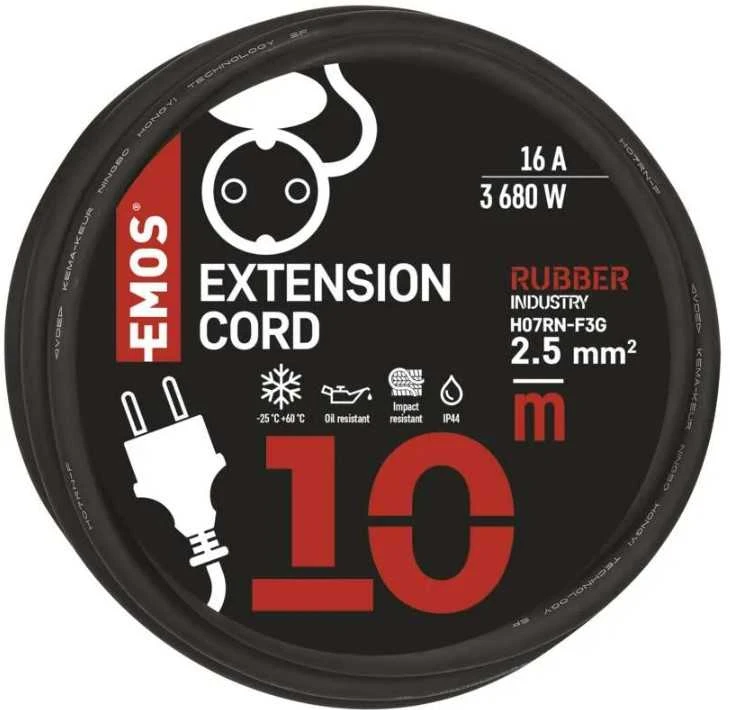 Emos Ilgiklis 1 lizdo 10m su įžeminimu 3x2.5 mm² IP44 su gumine izoliacija, juodas