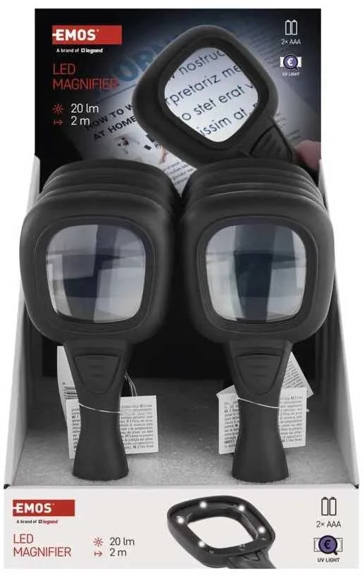 Emos Rankinis didinamasis stiklas, lupa su pašvietimu ir UV, 20lm, 5x LED + 1x UV, 1vnt.