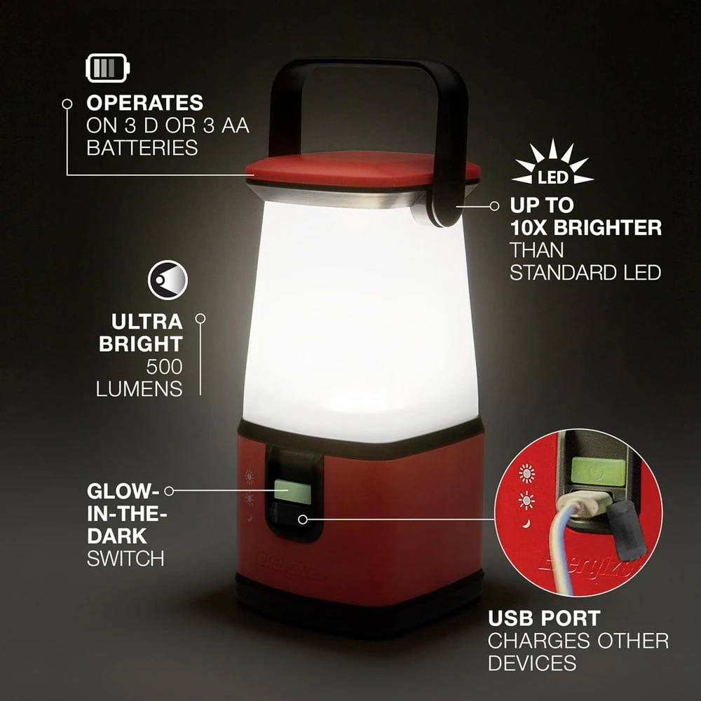 Energizer 500lm žibintas Camping ESAL351 3xAA / 3xD, gali įkrauti įrenginius per USB