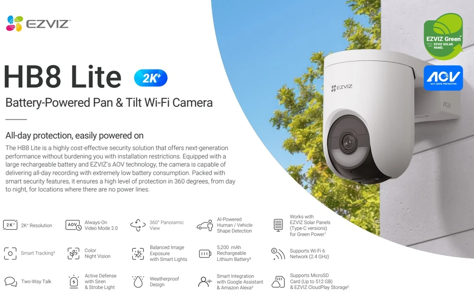 EZVIZ CS-HB8c lauko akumuliatorinė valdoma kamera su saulės panelės komplektu (Type-C, 4 MP, 4 mm)