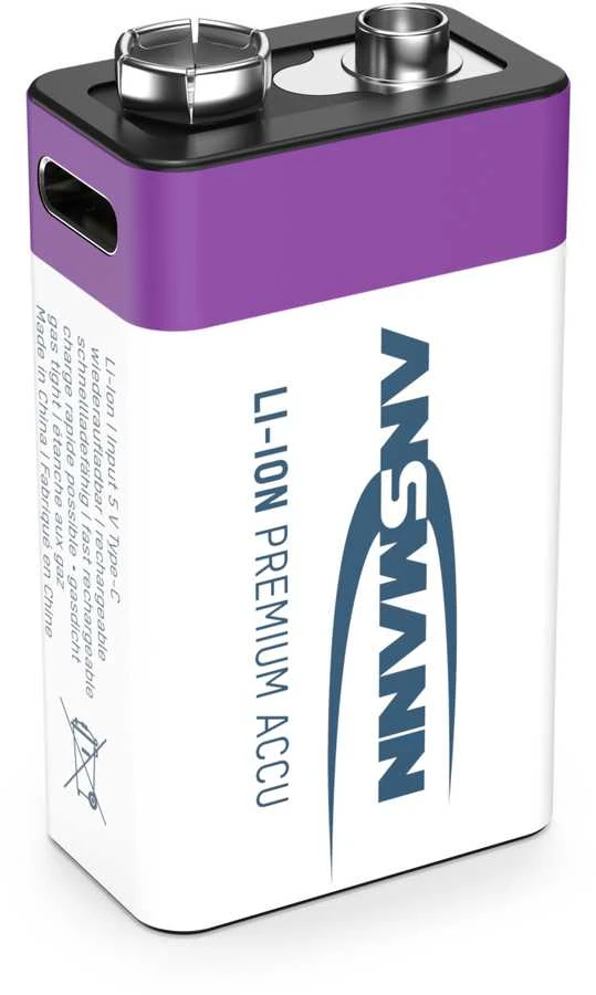 Ansmann 9V Li-ion baterija su USB-C lizdu