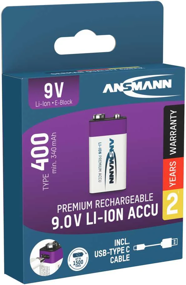 Įkraunamos baterijos 1604 9V 400mAh (Li-Ion 3.7Wh) su USB-C lizdu, max iškrovimo srovė 0.4A ANSMANN