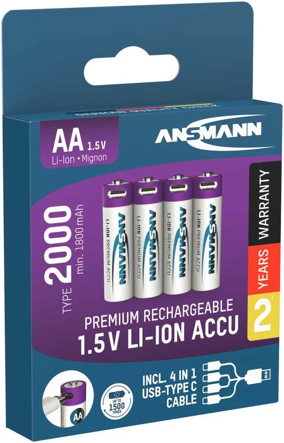 Įkraunamos baterijos AA 1.5V 2000mAh (Li-Ion 3.26Wh) su USB-C lizdu, max iškrovimo srovė 2A, 4vnt įpakavime ANSMANN
