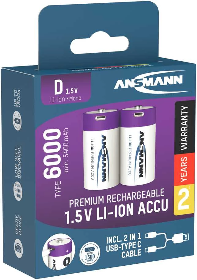 Įkraunamos baterijos D 1.5V 6000mAh (Li-Ion 12Wh) su USB-C lizdu, max iškrovimo srovė 2A, 2vnt įpakavime ANSMANN