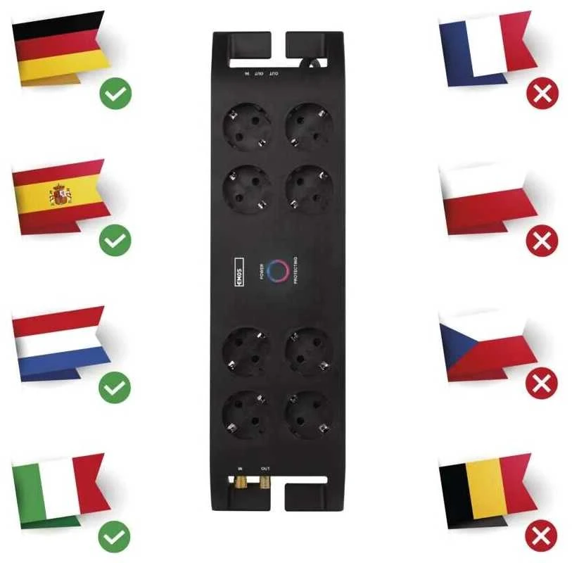 Ilgiklis su apsauga nuo viršįtampių (1800J) 8 lizdų, 3m, TV antenos (IEC), RJ45 apsaugos, juodas EMOS