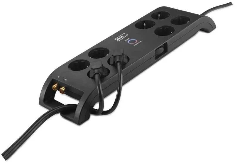 Ilgiklis su apsauga nuo viršįtampių (1800J) 8 lizdų, 3m, TV antenos (IEC), RJ45 apsaugos, juodas EMOS