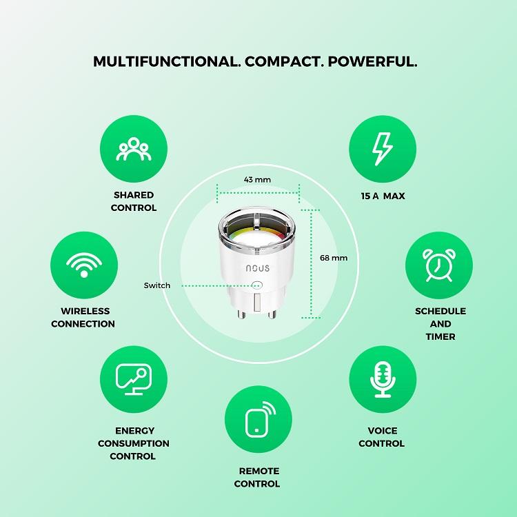 Išmanioji Wi-Fi rozetė (2vnt. kompl.) A1, 3450W 16A, su energijos matavimu, TUYA / Smart Life, NOUS