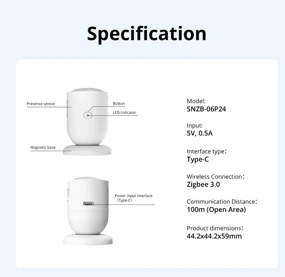 SONOFF SenseGuard 24GHz Zigbee būvio sensorius (SNZB-06P24)