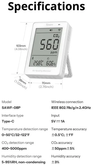 Sonoff AirGuard CO2 SAWF-08P Wifi temperatūros drėgmės ir CO2 sensorius, palaiko Matter