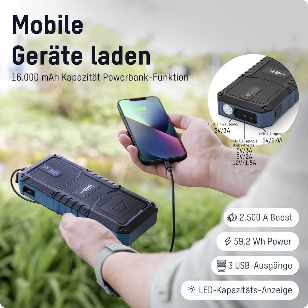 Išorinis akumuliatorius (Powerbank) su automobilio užvedimo funkcija 600A/2500A 59.2Wh IP65 USB-A/USB-C 15W Jump Starter 16.0 ANSMANN