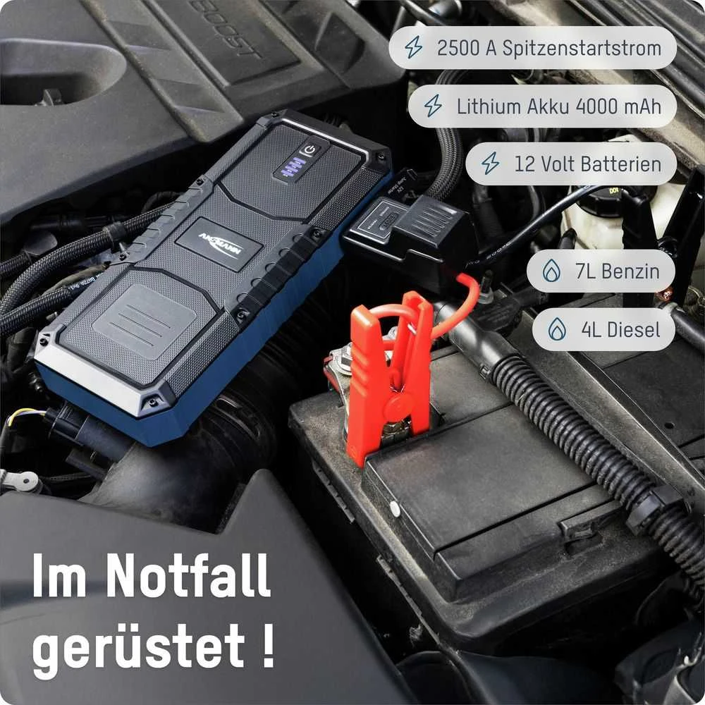 Išorinis akumuliatorius (Powerbank) su automobilio užvedimo funkcija 600A/2500A 59.2Wh IP65 USB-A/USB-C 15W Jump Starter 16.0 ANSMANN