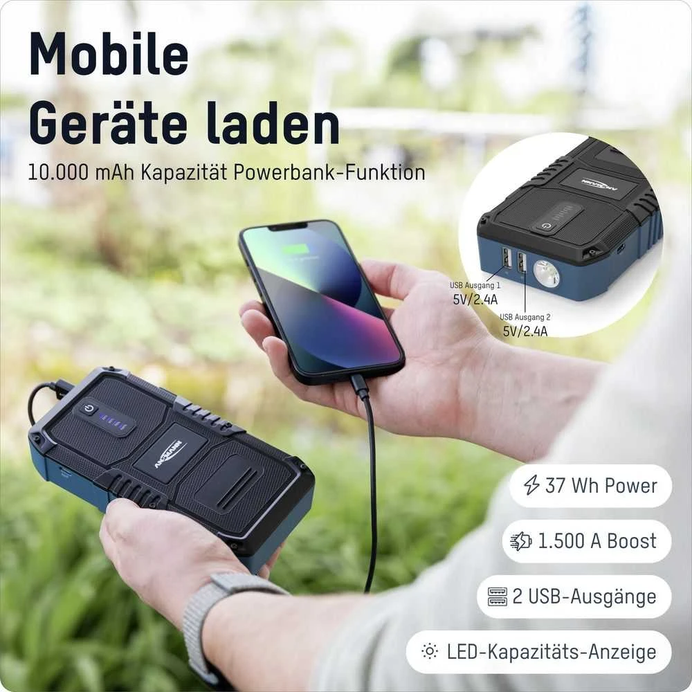 Išorinis akumuliatorius (Powerbank) su automobilio užvedimo funkcija 400A/1500A 37Wh USB-A 12W Jump Starter 10.0 ANSMANN