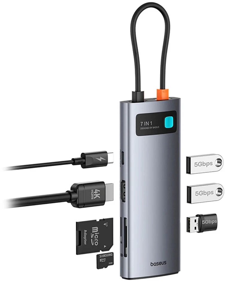Baseus Metal Gleam Series 7-in-1 USB-C šakotuvas (HUB) prijungimo stotelė, pilka (Kosminė pilka)