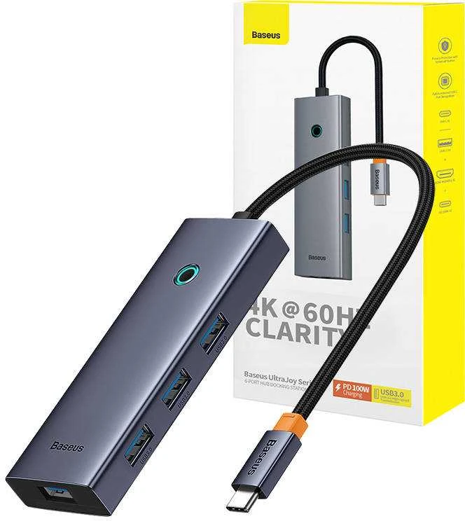 6in1 šakotuvas Baseus UltraJoy USB-C per HDMI4K@60Hz+4xUSB 3.0+PD - pilka