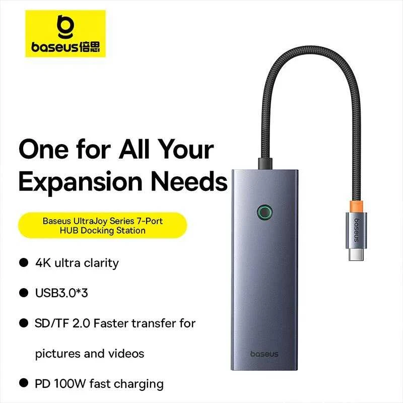 Hub 7in1 Baseus UltraJoy, USB-C – HDMI, 3xUSB 3.0, PD, SD/TF (pilka)