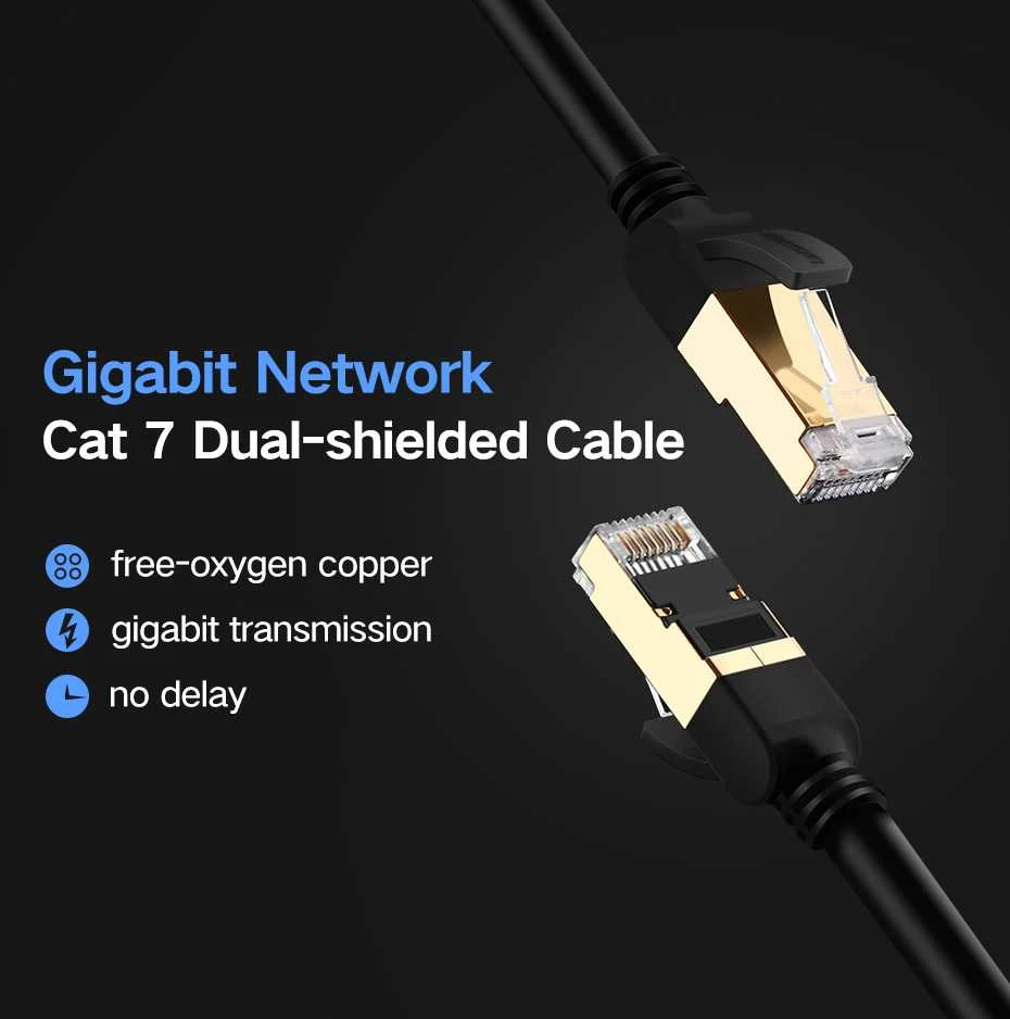UGREEN Ethernet RJ45 plokščias tinklo kabelis Cat.7 STP 10m juodas