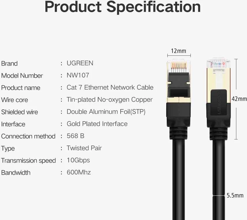 UGREEN NW107 Ethernet RJ45 apvalus tinklo kabelis Cat.7 STP 5m - Juodas