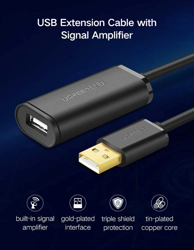 USB 2.0 UGREEN US121 laidas su signalo stiprintuvu 20m