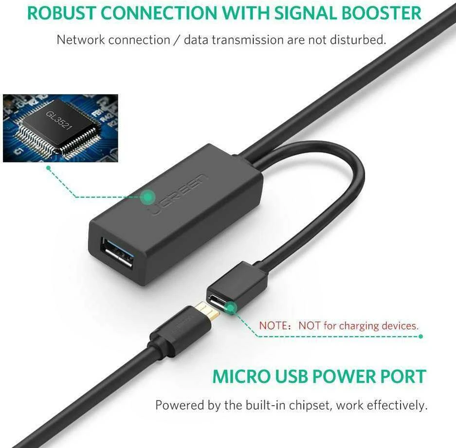 Kabelis ilgiklis USB3.0 5m su micro USB lizdu papildomam maitinimui US175 UGREEN