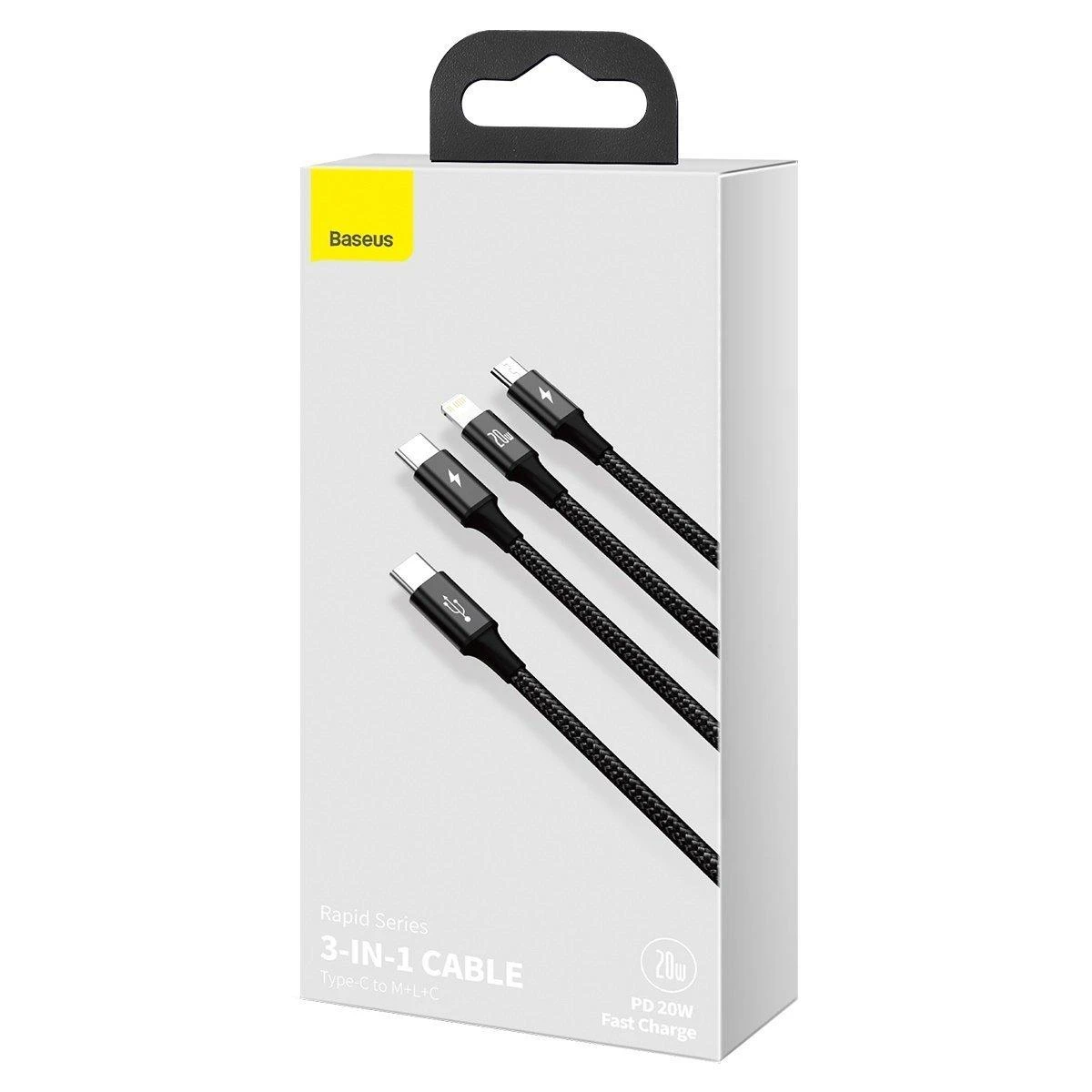 Kabelis USB C - 3 kištukai (USB C (iki 15W), micro USB (iki 10W), lightning (iki 20W)) 1.5m juodas Rapid BASEUS