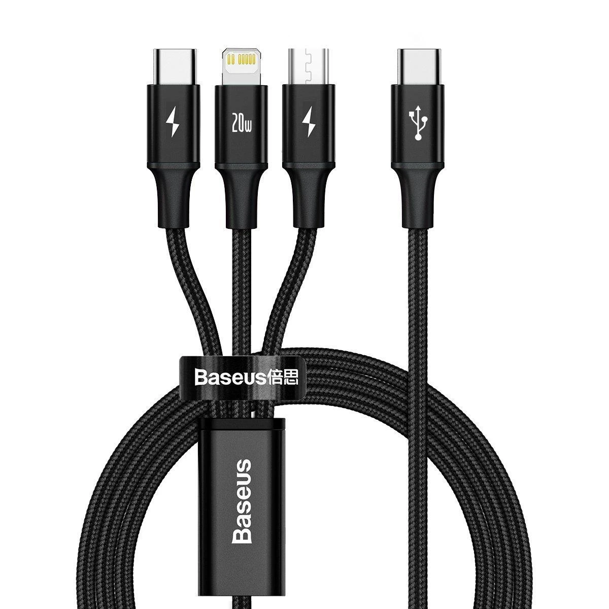 Kabelis USB C - 3 kištukai (USB C (iki 15W), micro USB (iki 10W), lightning (iki 20W)) 1.5m juodas Rapid BASEUS