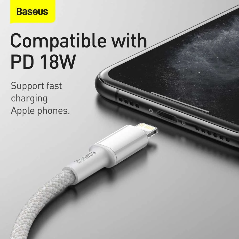 „Baseus“ didelio tankio pintas greito įkrovimo duomenų kabelis Type-C iki Lightning PD 20W 2m Baltas (Baltas)