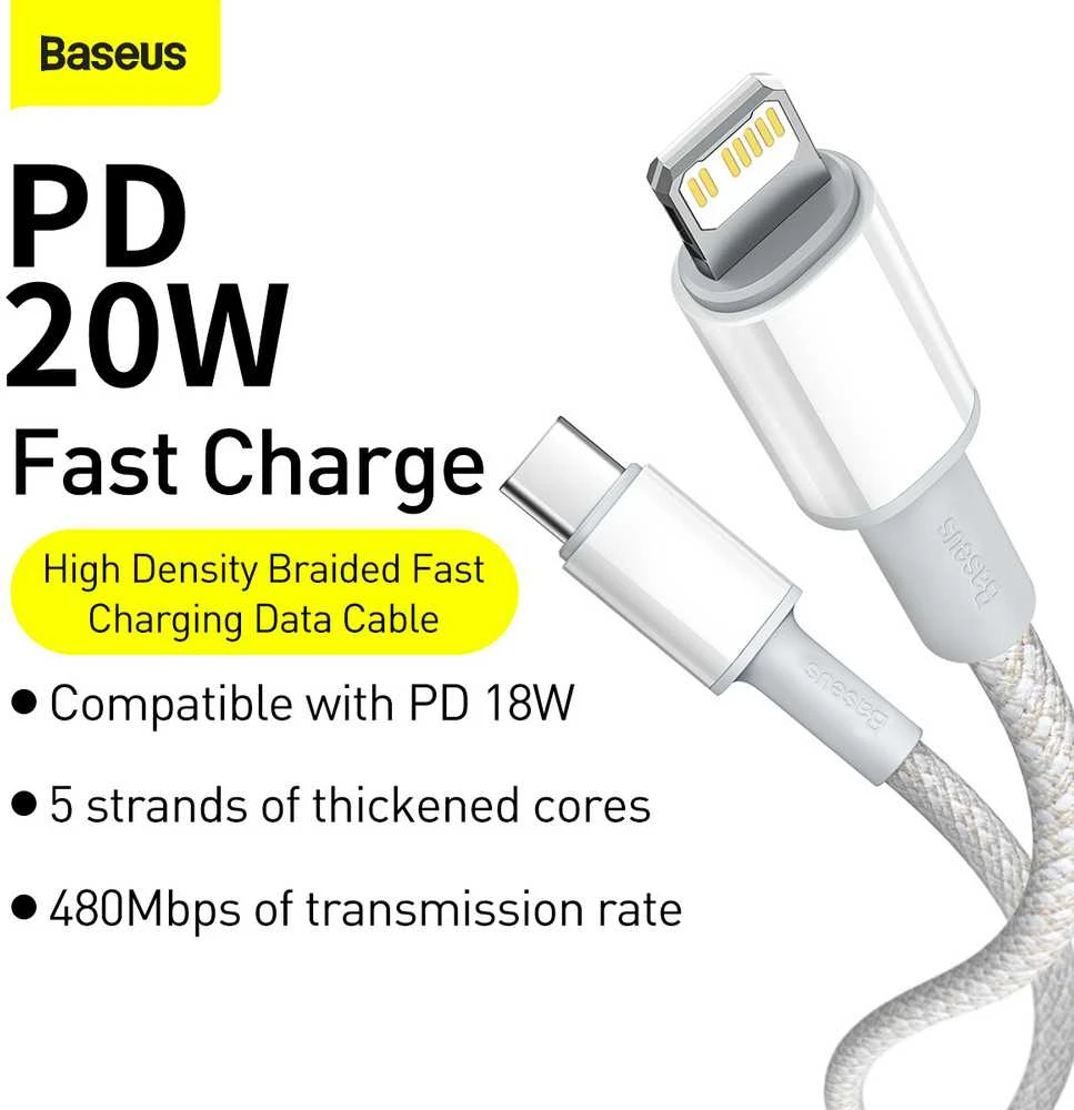 „Baseus“ didelio tankio pintas greito įkrovimo duomenų kabelis Type-C iki Lightning PD 20W 2m Baltas (Baltas)