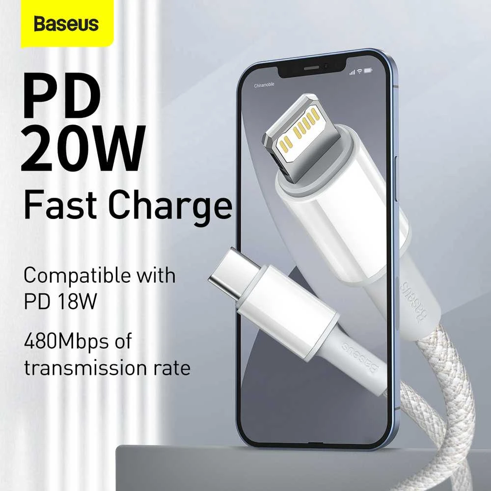 „Baseus“ didelio tankio pintas greito įkrovimo duomenų kabelis Type-C iki Lightning PD 20W 2m Baltas (Baltas)