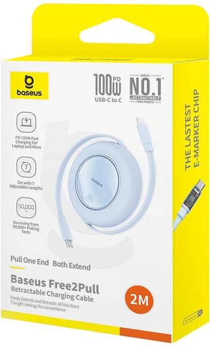 Kabelis USB C - USB C 2m 100W suvyniojamas Galaxy Mėlyna Free2Pull BASEUS