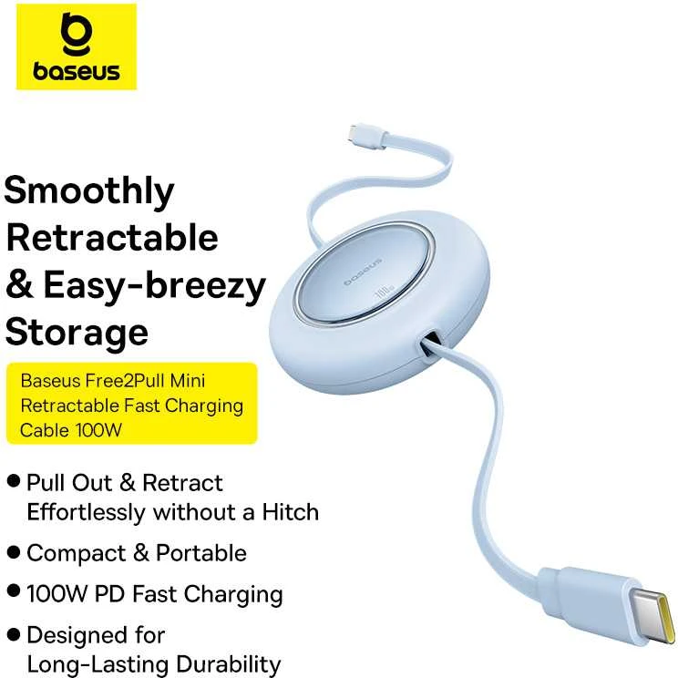 Kabelis USB C - USB C 2m 100W suvyniojamas Galaxy Mėlyna Free2Pull BASEUS