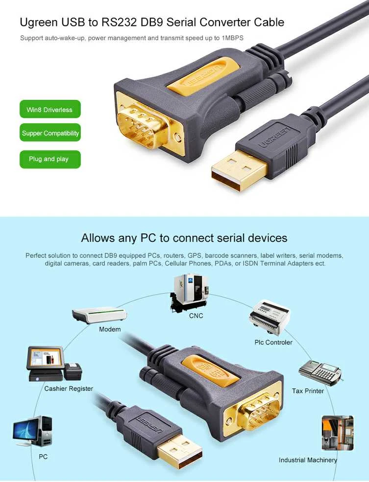 Kabelis USB į RS-232 UGREEN CR104 1.5m