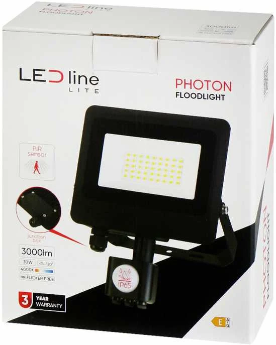 ActiveJet Lauko šviestuvas su judesio davikliu LED 30W neutraliai balta 230Vac, 3000lm, IP65, juodas, PHOTON, LED LINE