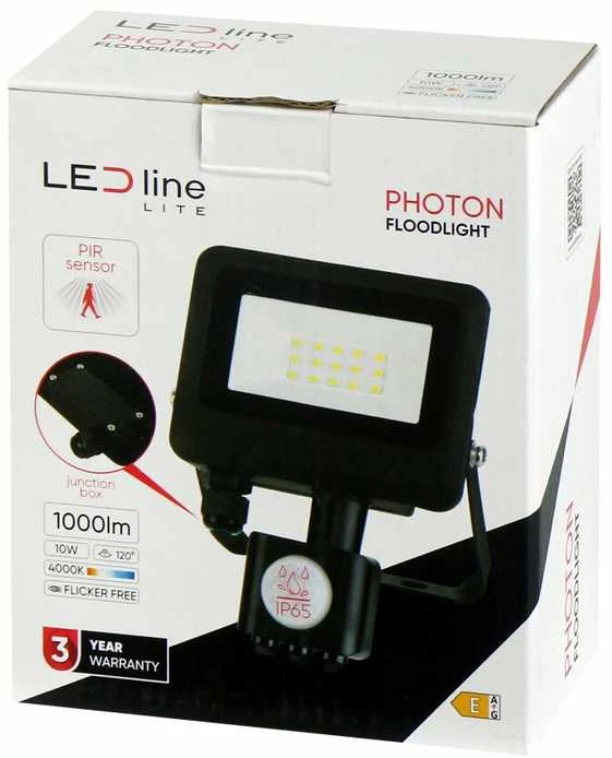 Lauko šviestuvas su judesio davikliu LED 10W neutraliai balta 230Vac, 1000lm, IP65, juodas, PHOTON, LED LINE