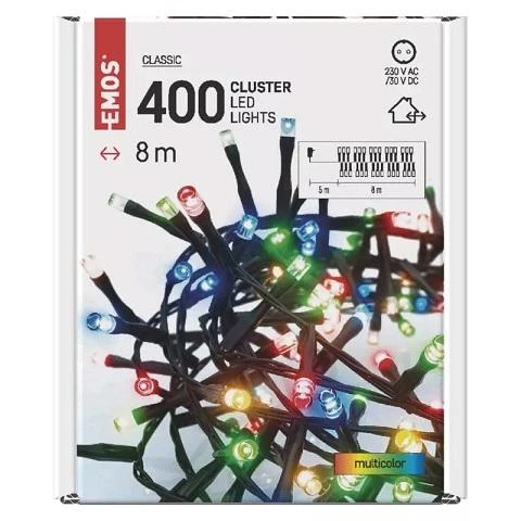 LED girlianda, 230Vac, 8m, 400 x LED, įvairių spalvų LED, su laikmačiu, EMOS