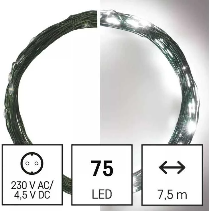 LED girlianda NANO, 230Vac, 7.5m, 75 x LED, šaltai balta, su laikmačiu, EMOS