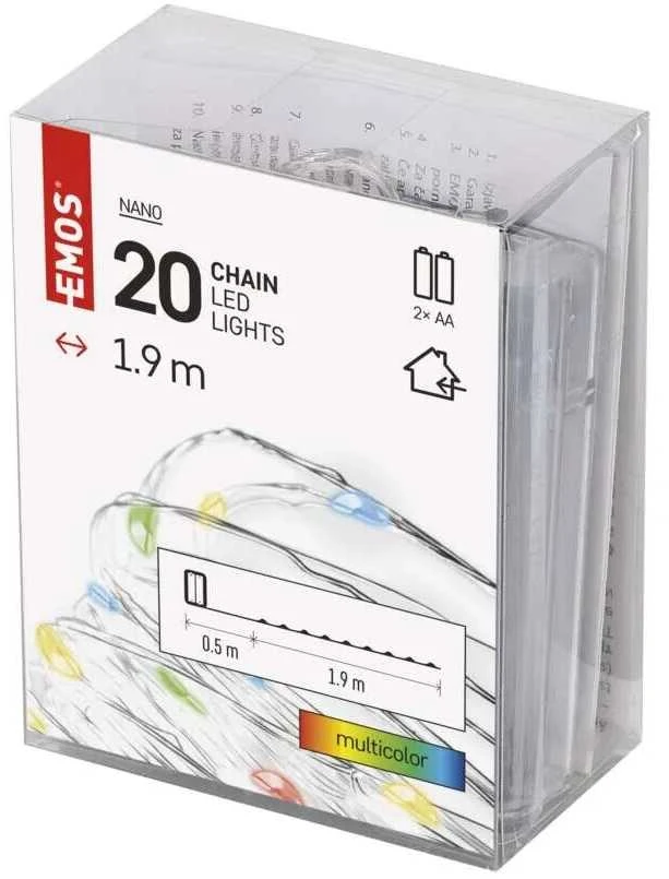 LED girlianda NANO, 3Vac (2xAA), 1.9m, 20 x LED, įvairių spalvų LED, su laikmačiu, EMOS