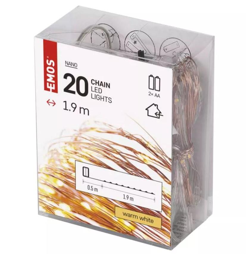 LED girlianda NANO, 3Vac (2xAA), 1.9m, 20 x LED, šiltai balta, su laikmačiu, EMOS