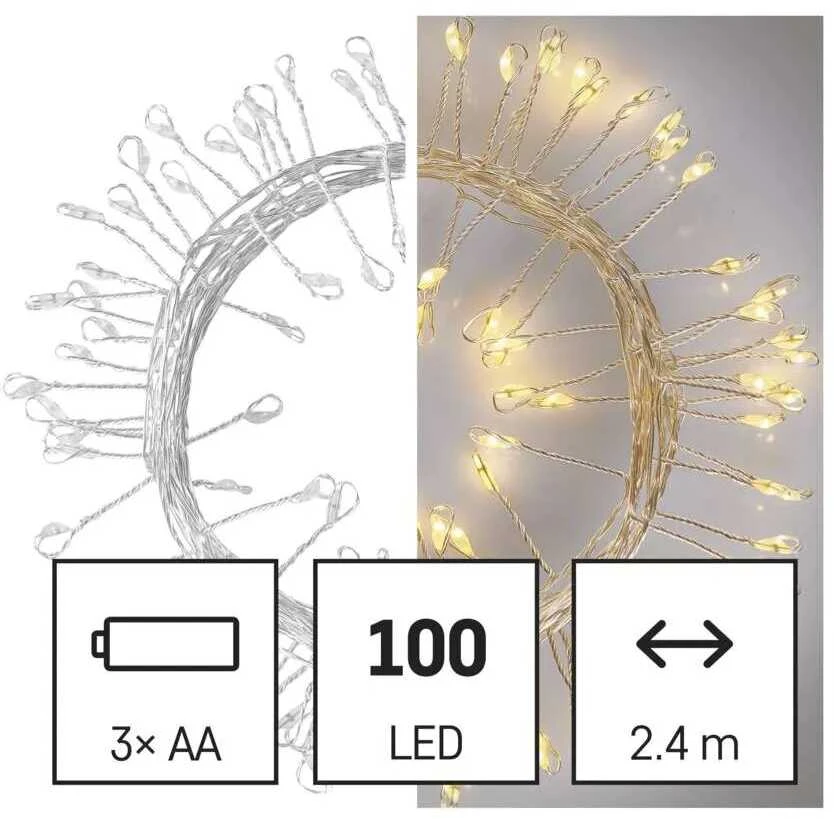 LED girlianda NANO, 4.5Vac (3xAA), 2.4m, 100 x LED, šiltai balta, su laikmačiu, EMOS