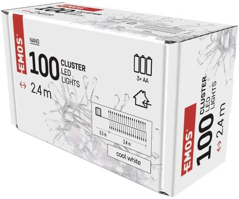 LED girlianda NANO, 4.5Vac (3xAA), 2.4m, 100 x LED, šaltai balta, su laikmačiu, EMOS
